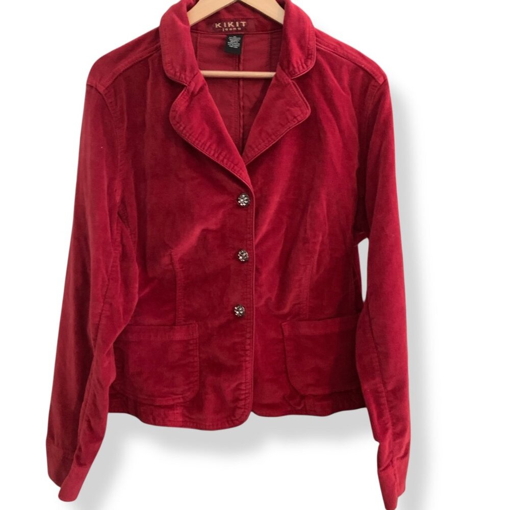 Y2K Women's Red Corduroy Blazer Rhinestone Buttons Red Silk Piping Jacket XL - Picture 16 of 16